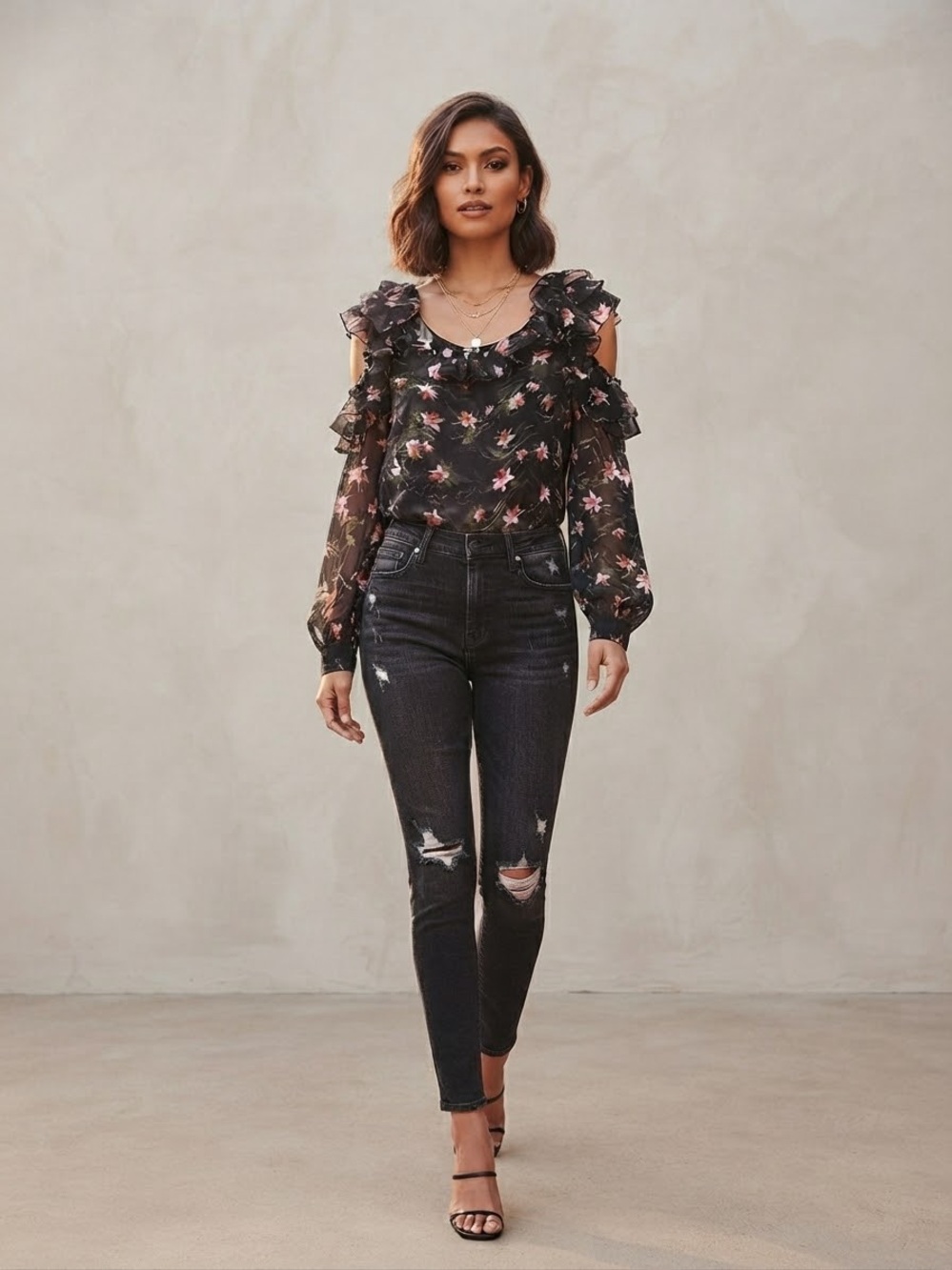 Preen by Thornton Bregazzi Black Sheer Floral Ruffle Cold-Shoulder Top